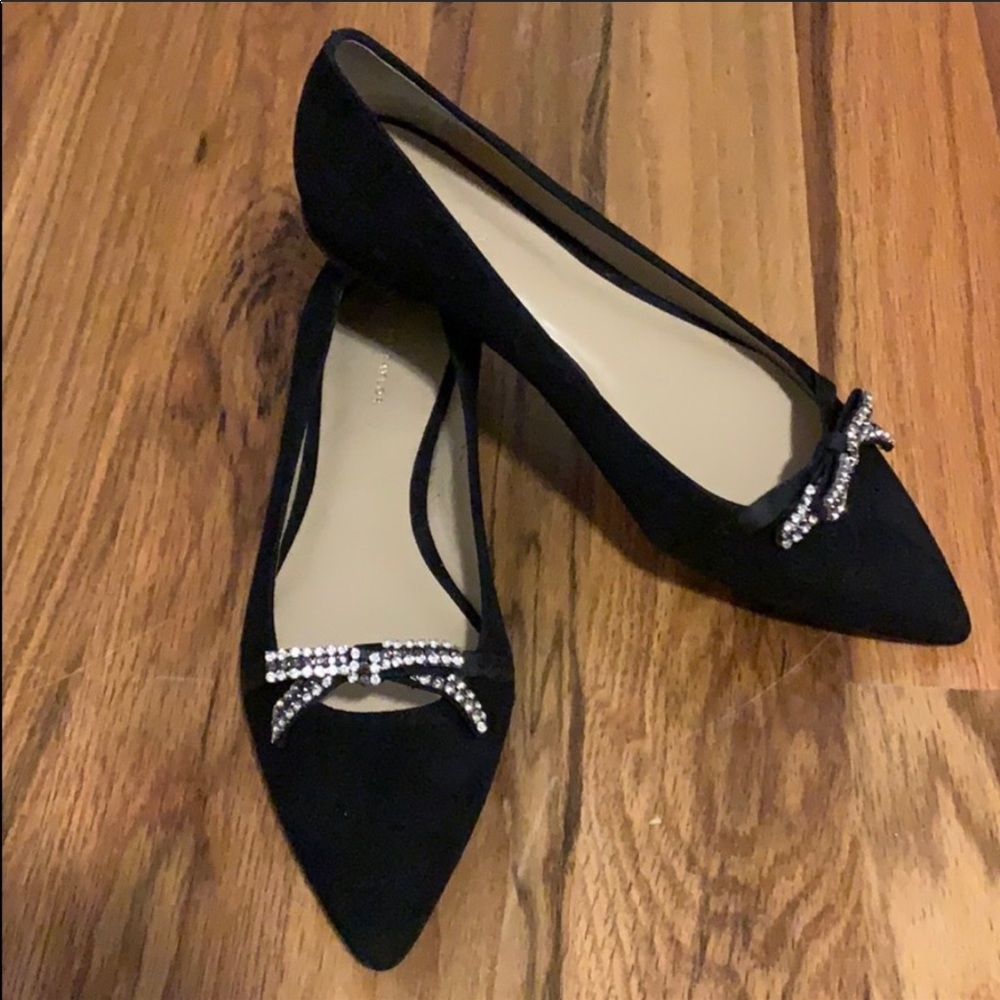 Black Suede Flats with Rhinestone Bow